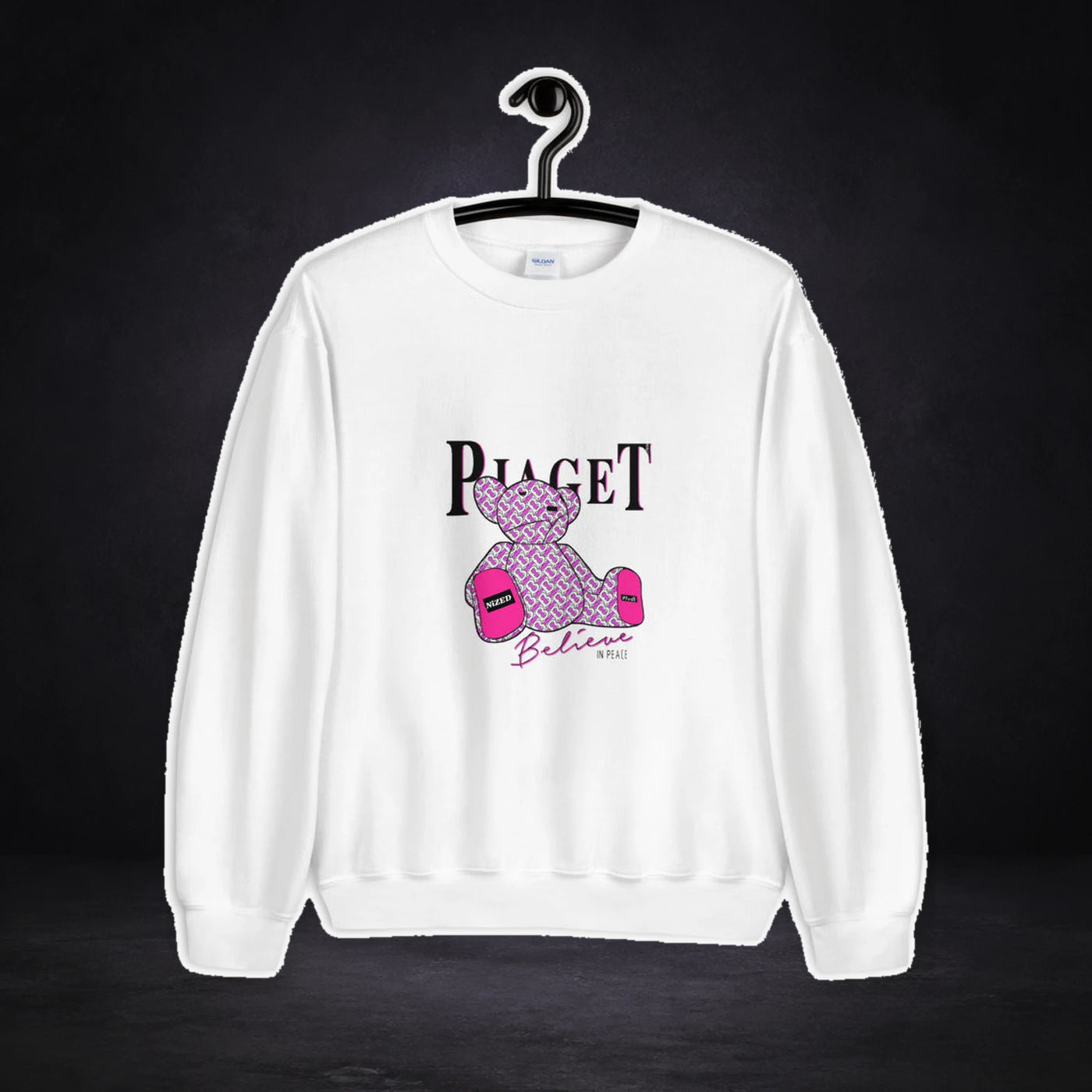 Belive in Peace Sweater von NiZED, Vorderansicht mit Designprint vor dunklem Betonhintergrund