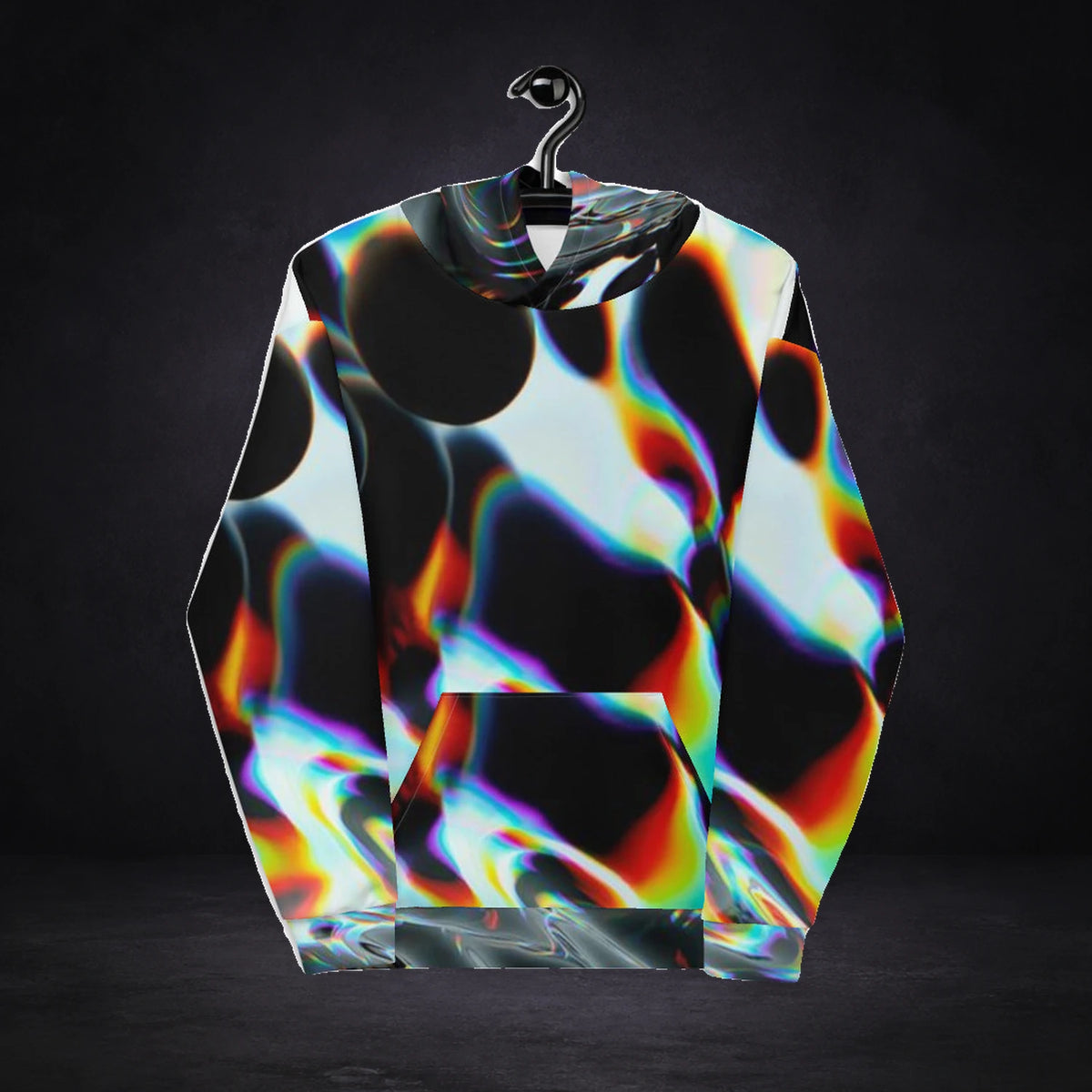 Cialis Graphic Hoodie von NiZED, Vorderansicht mit All-over-Print vor dunklem Betonhintergrund