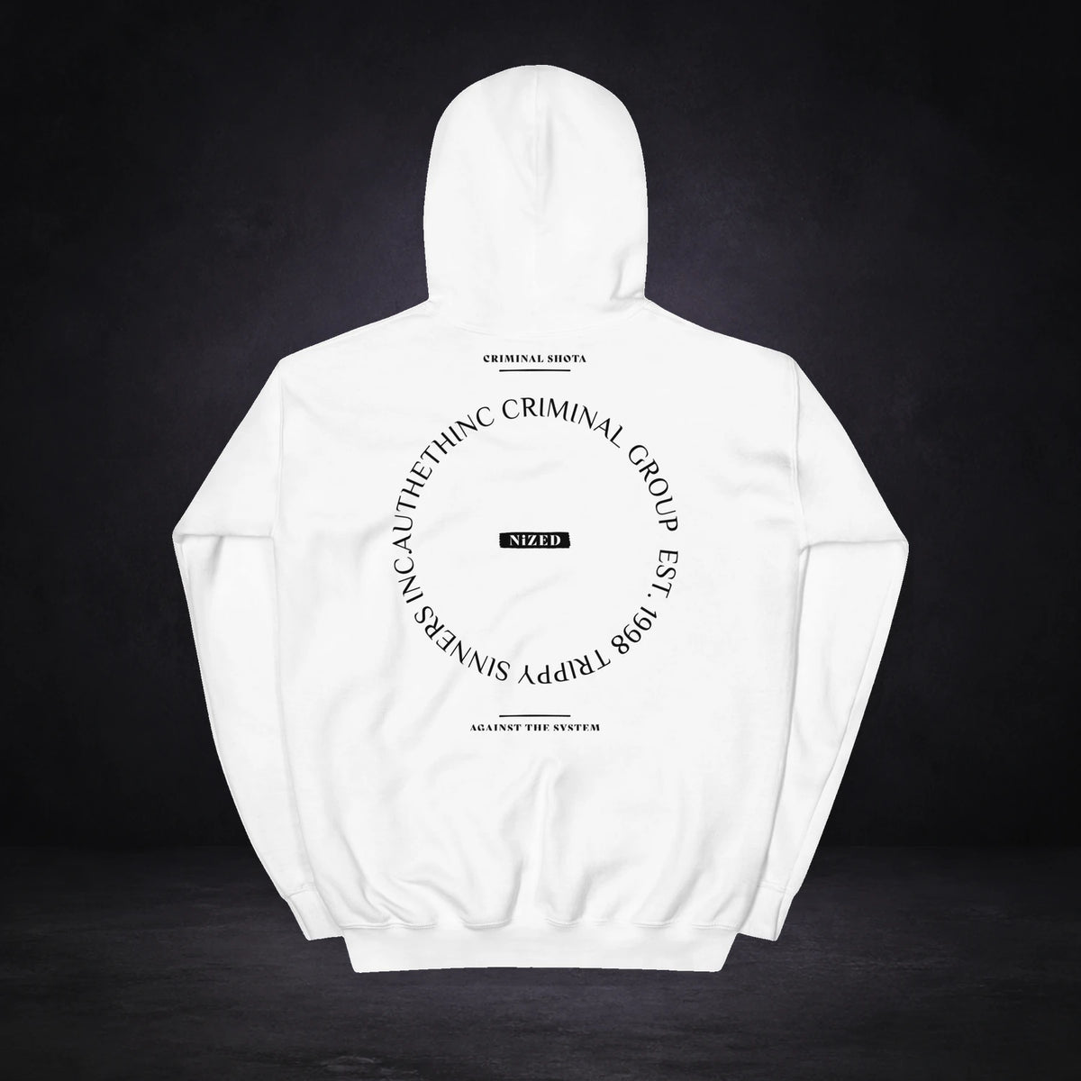 Circle Graphic Hoodie von NiZED, Rückansicht mit Designprint vor dunklem Betonhintergrund