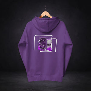 Codein Makers Hoodie von NiZED in Lila, Rückansicht mit violettem Collage-Print vor dunklem Hintergrund