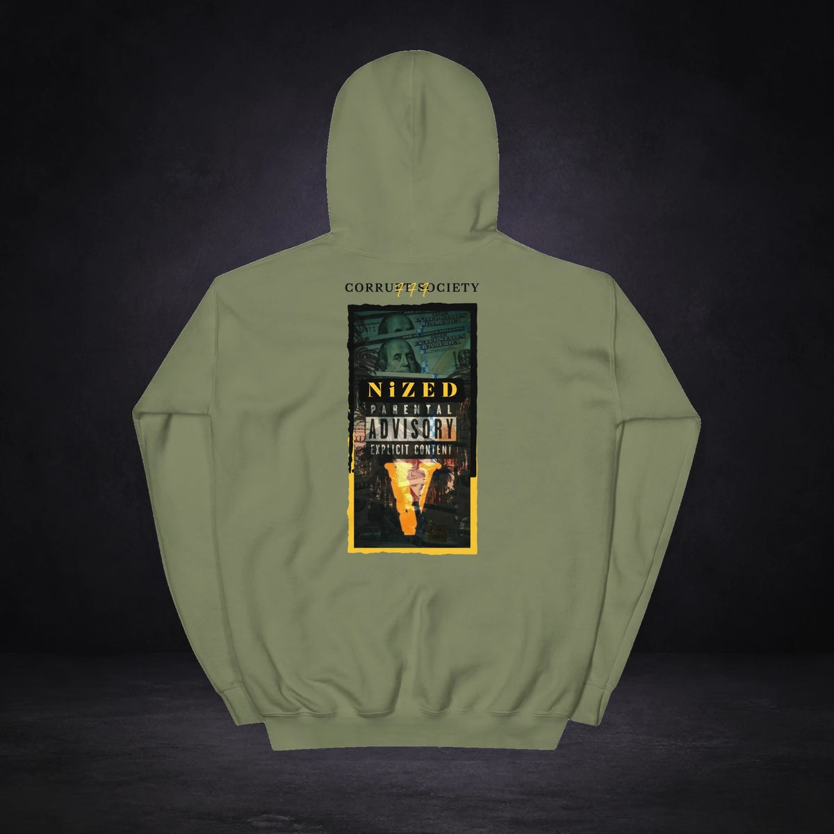 Corrupt Society Hoodie von NiZED, Rückansicht mit Designprint vor dunklem Betonhintergrund