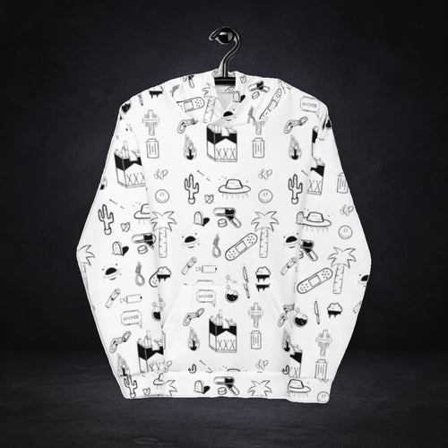 Abstrue Graphic Hoodie von NiZED in Weiß, Vorderansicht mit illustrativem All-over-Print vor dunklem Betonhintergrund