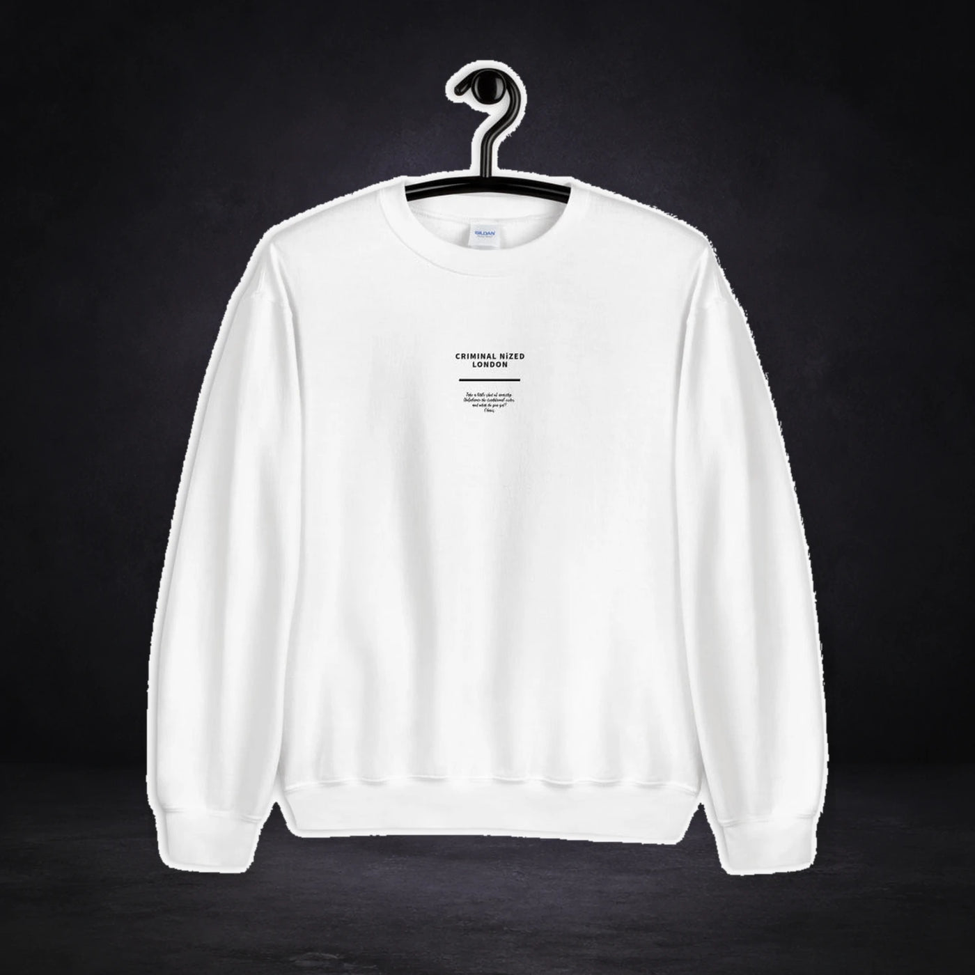 London Graphic Sweater von NiZED, Vorderansicht mit Designprint vor dunklem Betonhintergrund