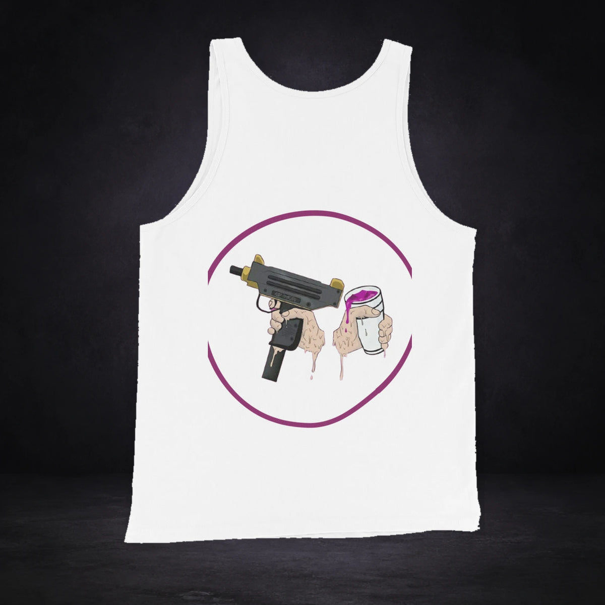 Criminal Amsterdam Tank-Top von NiZED, Rückansicht mit Designprint vor dunklem Betonhintergrund