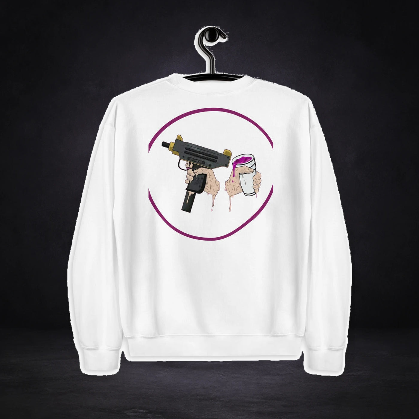Amsterdam Graphic Sweater von NiZED, Rückansicht mit Designprint vor dunklem Betonhintergrund
