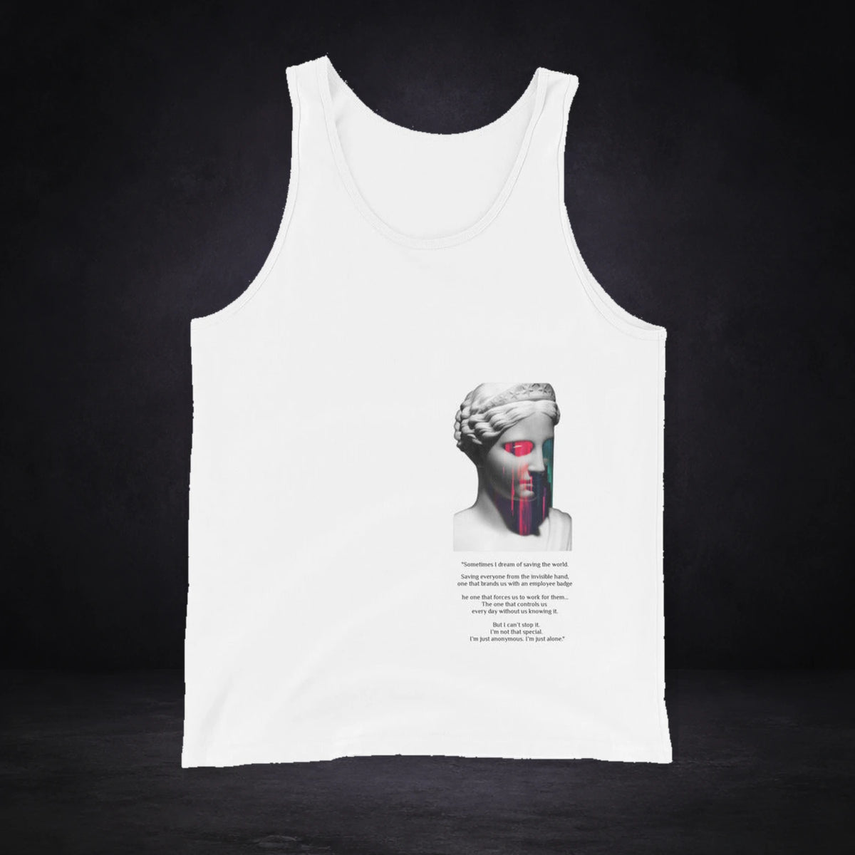 Damaged Society Tank Top von NiZED, Vorderansicht mit Designprint vor dunklem Betonhintergrund