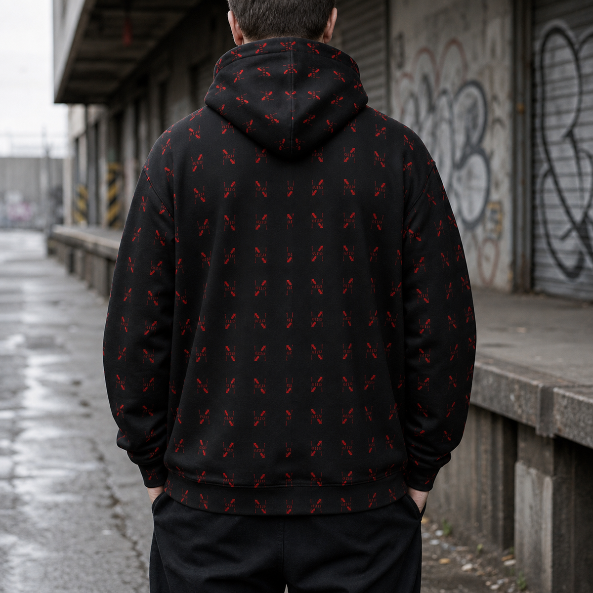 NiZED Design Kapuzenpullover mit rotem Allover-Print an Mann von hinten – KI-generierte Darstellung