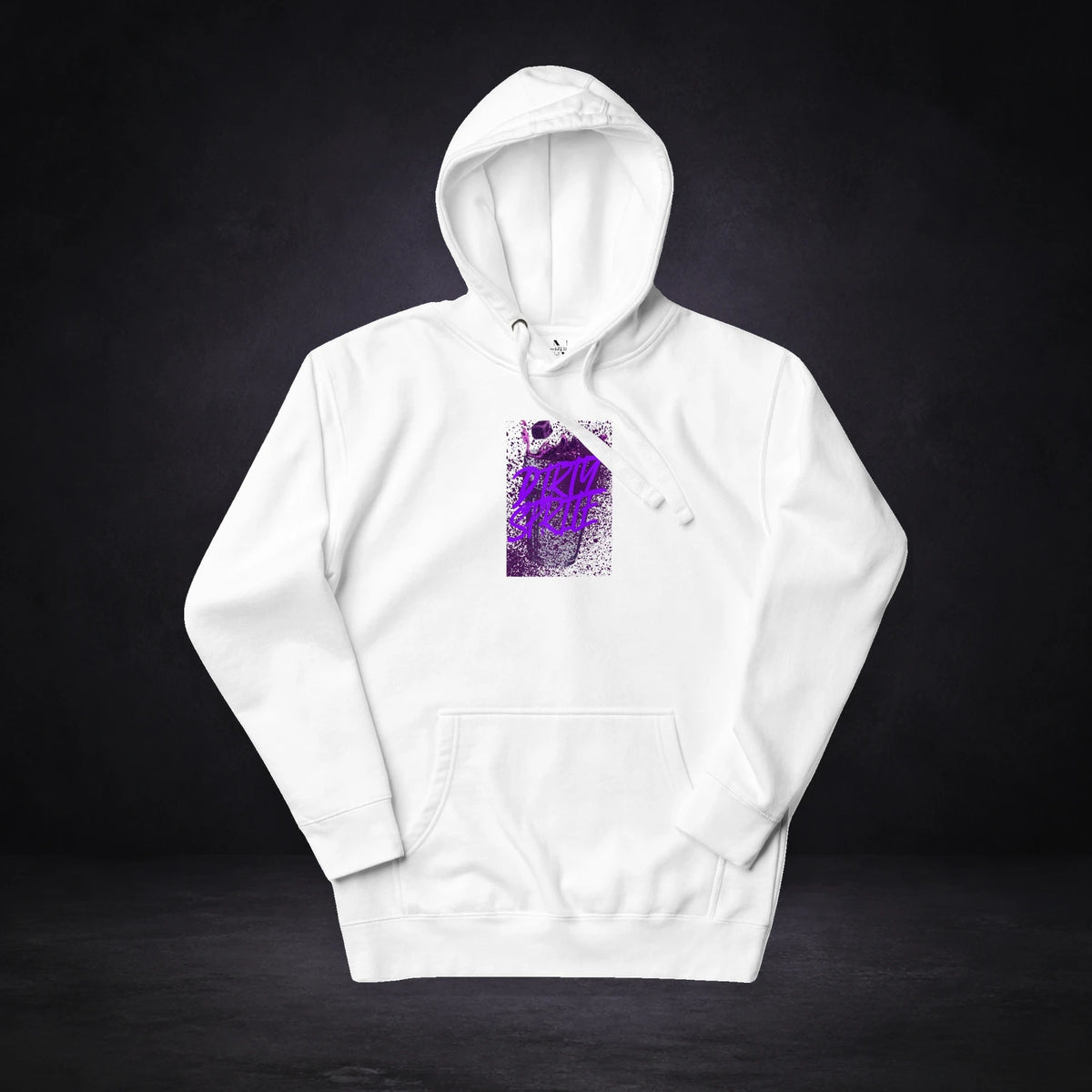 Dirty Sprite Hoodie von NiZED, Vorderansicht mit Designprint vor dunklem Betonhintergrund