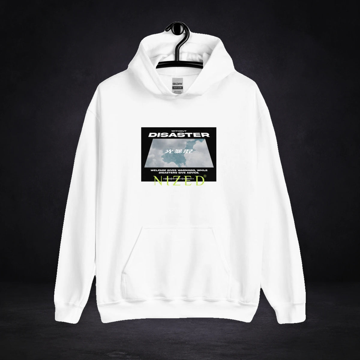 Disaster Graphic Hoodie von NiZED, Vorderansicht mit Designprint vor dunklem Betonhintergrund