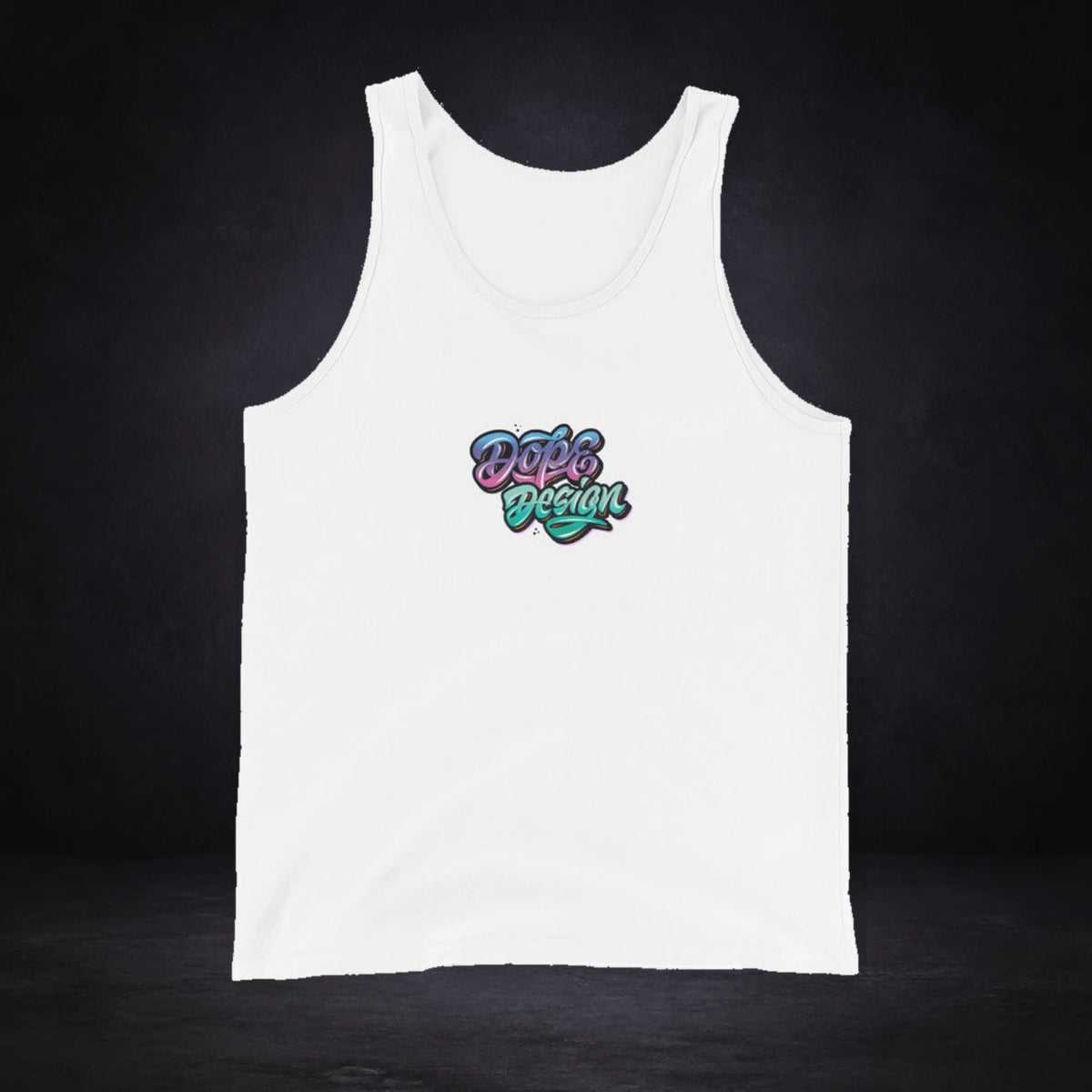 Dope Design Tank Top von NiZED, Vorderansicht mit Designprint vor dunklem Betonhintergrund