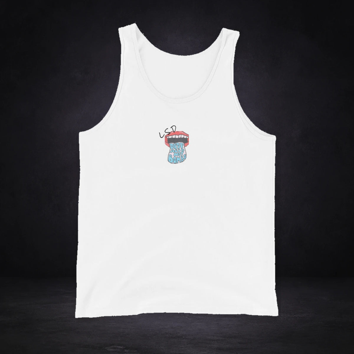 Drop Acid Tank Top von NiZED, Vorderansicht mit Designprint vor dunklem Betonhintergrund