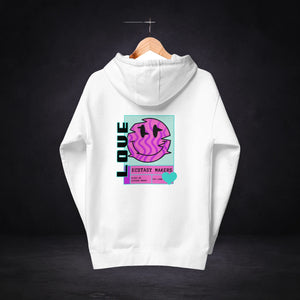 Ecstasy Makers Hoodie von NiZED, Rückansicht mit Designprint vor dunklem Betonhintergrund