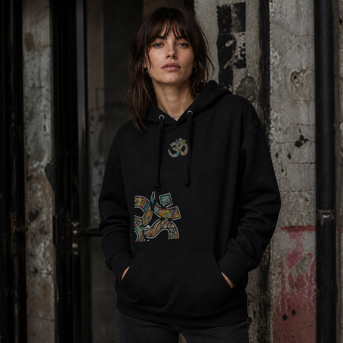 NiZED Essential Graphic Hoodie mit farbigem Om-Print an Frau – KI-generierte Darstellung
