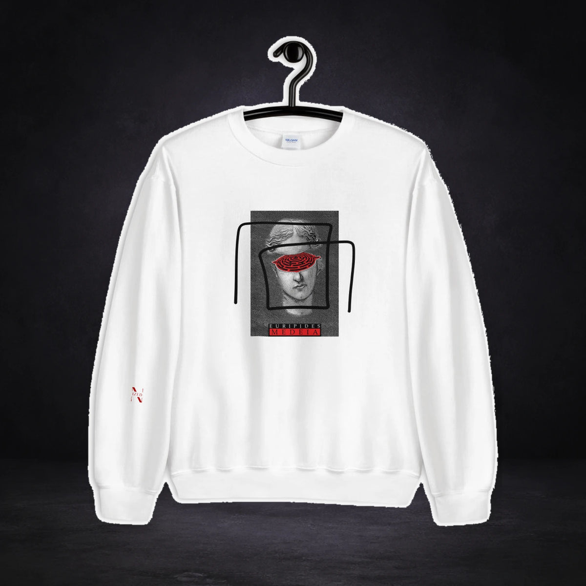 Euripides Media Sweater von NiZED, Vorderansicht mit Designprint vor dunklem Betonhintergrund