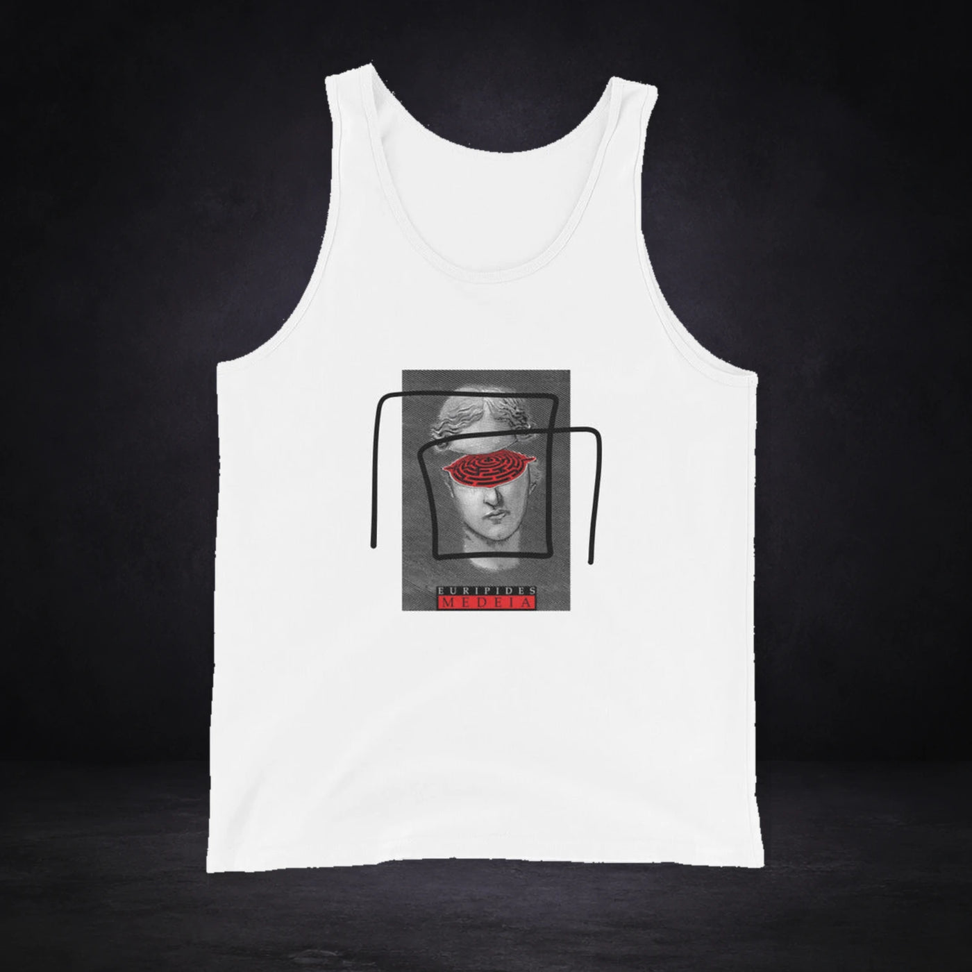 Euripides Media Tank Top von NiZED, Vorderansicht mit Designprint vor dunklem Betonhintergrund