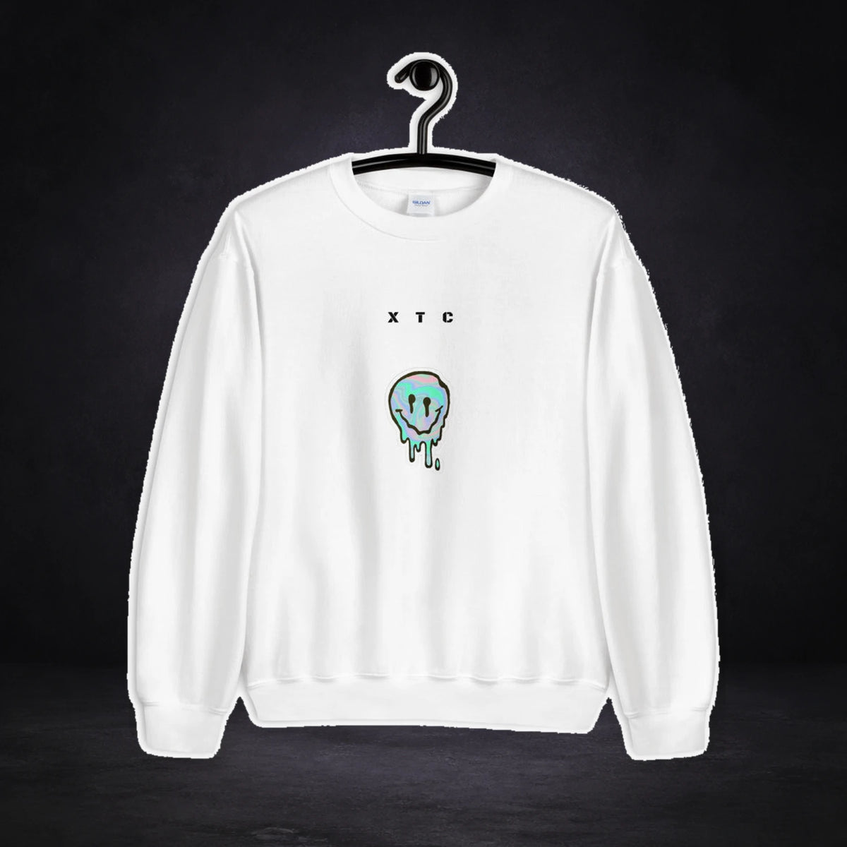 Extasy Graphic Sweater von NiZED, Vorderansicht mit Designprint vor dunklem Betonhintergrund