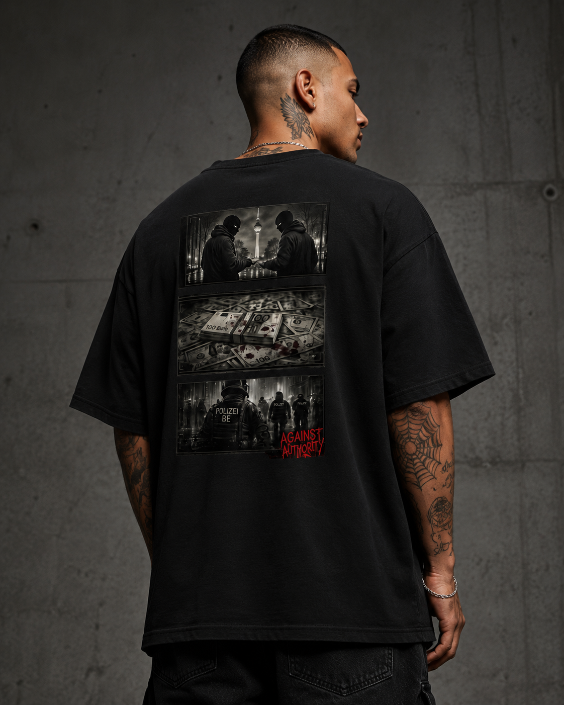 Against Authority x Anarchie Oversized T-Shirt an maennlichem Model als NiZED Fit Check – KI-generierte Darstellung