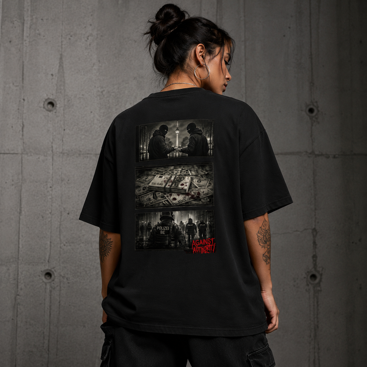 Against Authority x Anarchie Oversized T-Shirt am Model Rueckenansicht als NiZED Fit Check – KI-generierte Darstellung