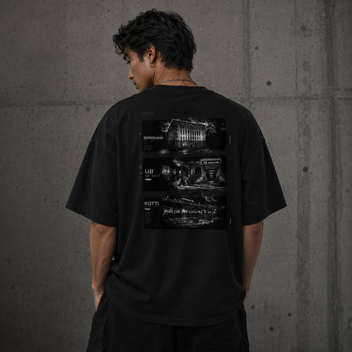 LOCAL SIGNALS 030 Oversized T-Shirt am Model Rueckenansicht als NiZED Fit Check – KI-generierte Darstellung