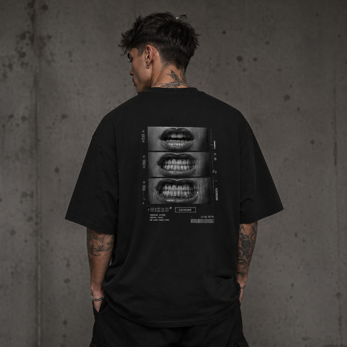 LOCKJAW Oversized T-Shirt am Model Rueckenansicht als NiZED Fit Check – KI-generierte Darstellung