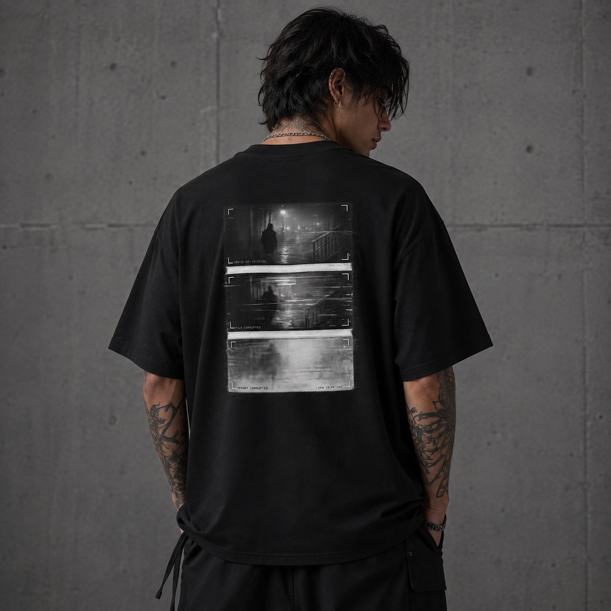 Memory Leak Oversized T-Shirt am Model Rueckenansicht als NiZED Fit Check – KI-generierte Darstellung