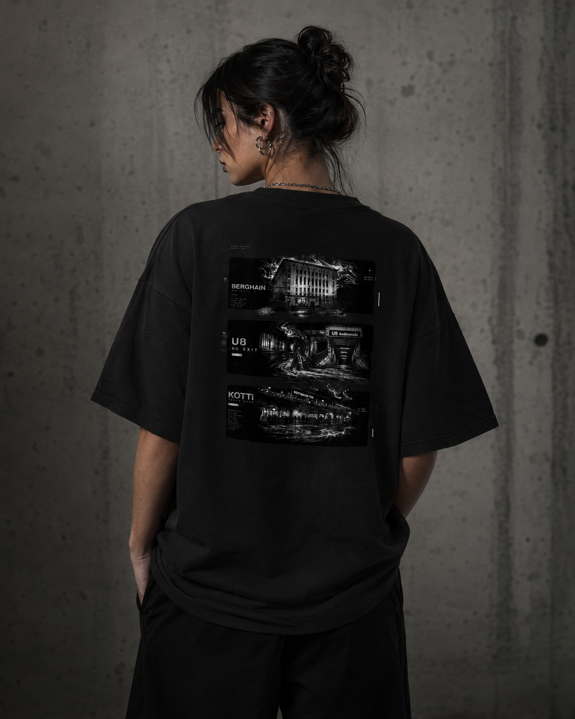 LOCAL SIGNALS BERLIN Oversized T-Shirt an weiblichem Model als NiZED Fit Check – KI-generierte Darstellung