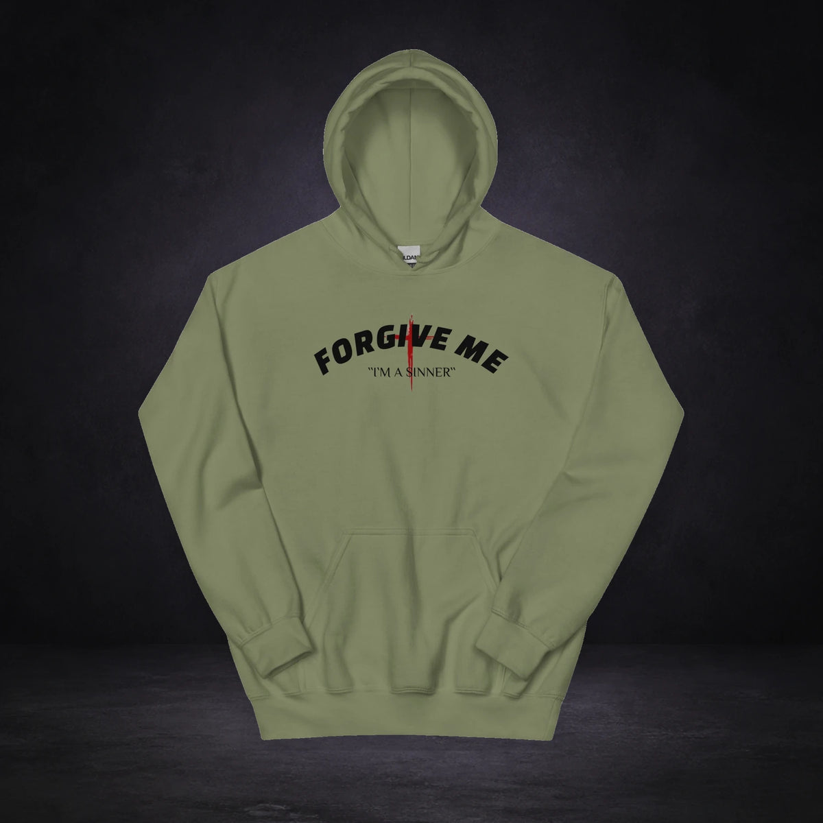 Forgive Me I´m a Sinner Hoodie von NiZED, Vorderansicht mit Designprint vor dunklem Betonhintergrund