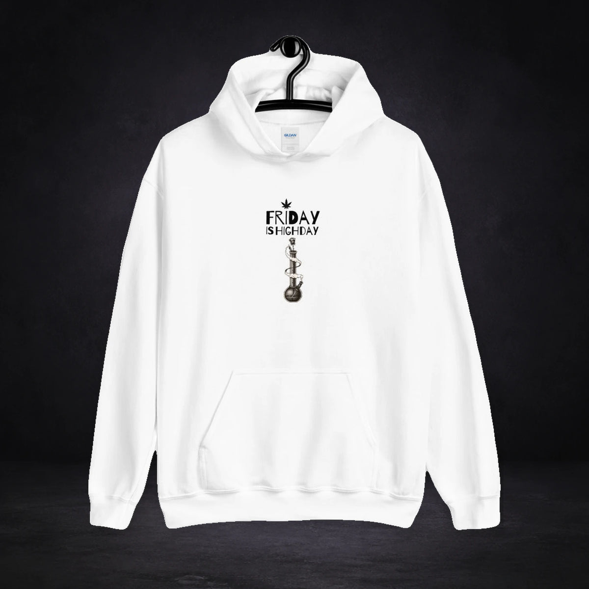 Friday Highday Hoodie von NiZED, Vorderansicht mit Designprint vor dunklem Betonhintergrund