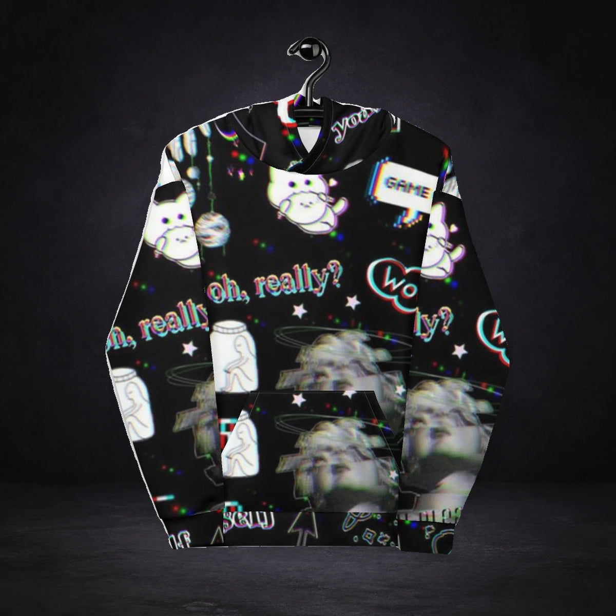 Game Over Hoodie von NiZED, Vorderansicht mit All-over-Print vor dunklem Betonhintergrund
