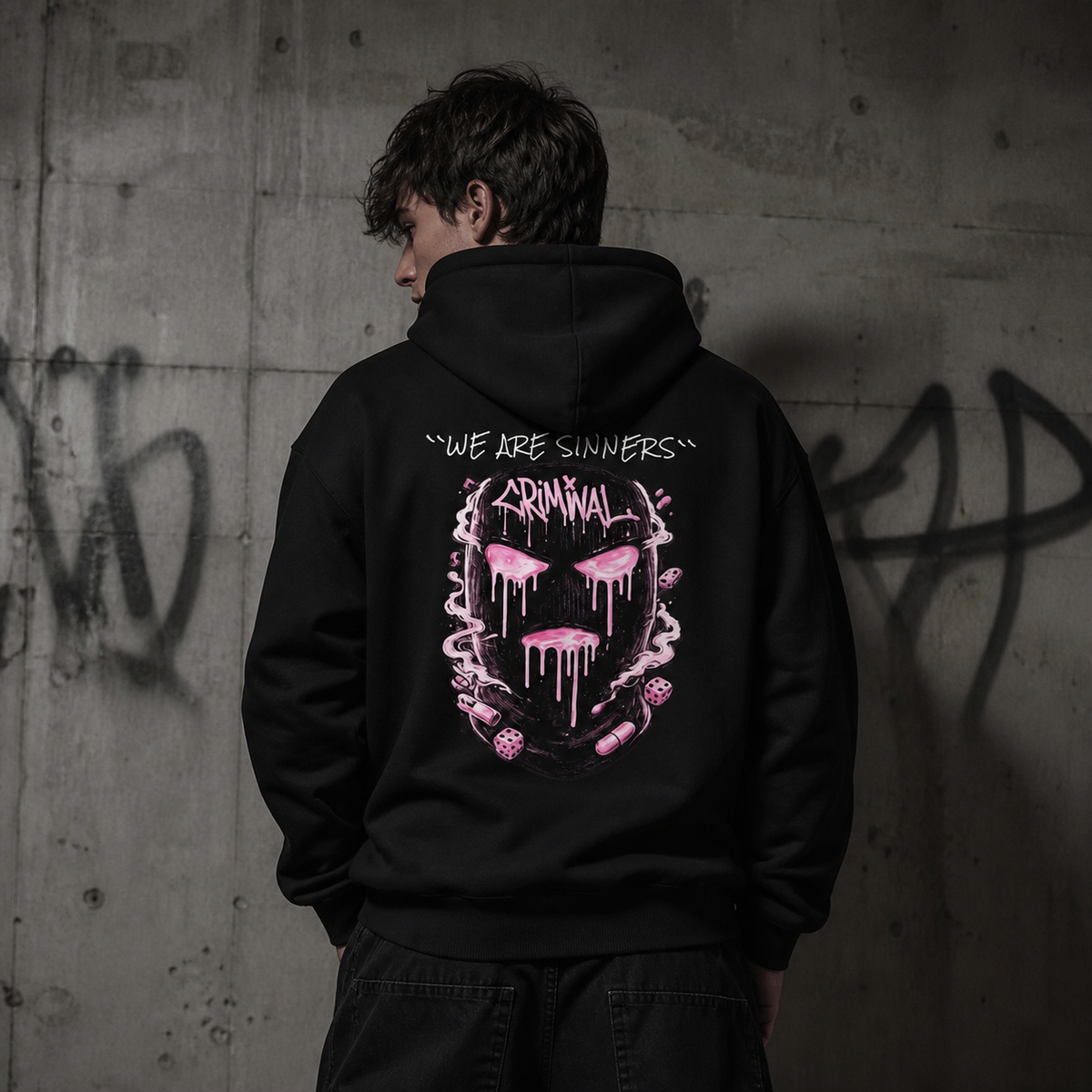 We Are Sinners Hoodie am maennlichen Model mit Backprint als NiZED Fit Check – KI-generierte Darstellung