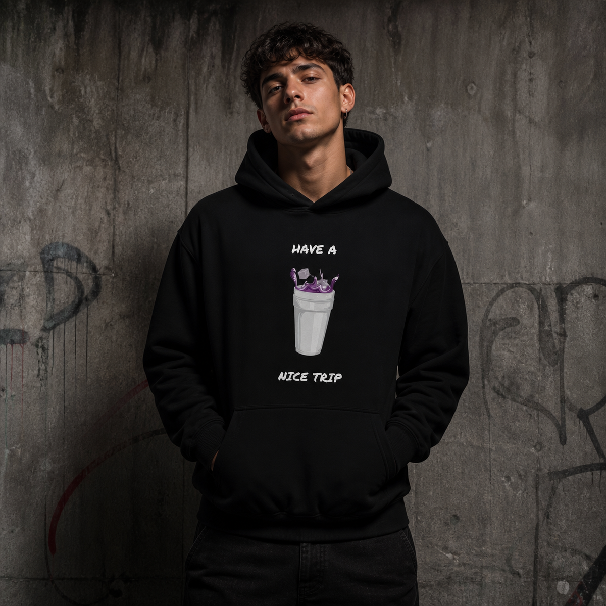 Have A Nice Trip Hoodie am maennlichen Model als NiZED Fit Check – KI-generierte Darstellung