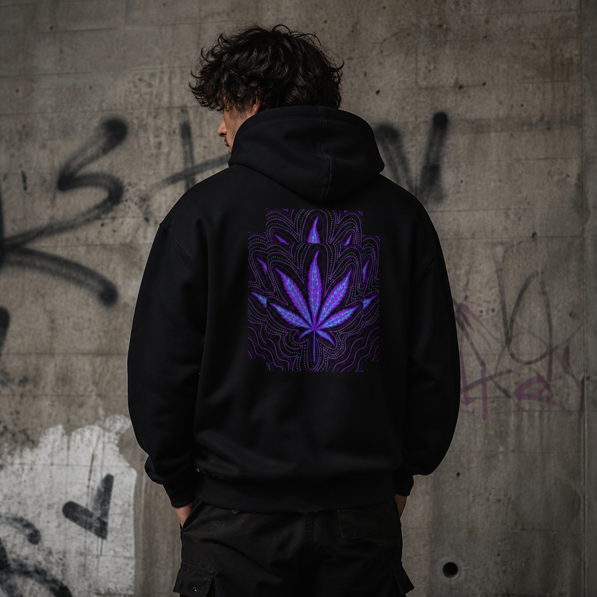 Stoned Again Hoodie am maennlichen Model mit Backprint als NiZED Fit Check – KI-generierte Darstellung