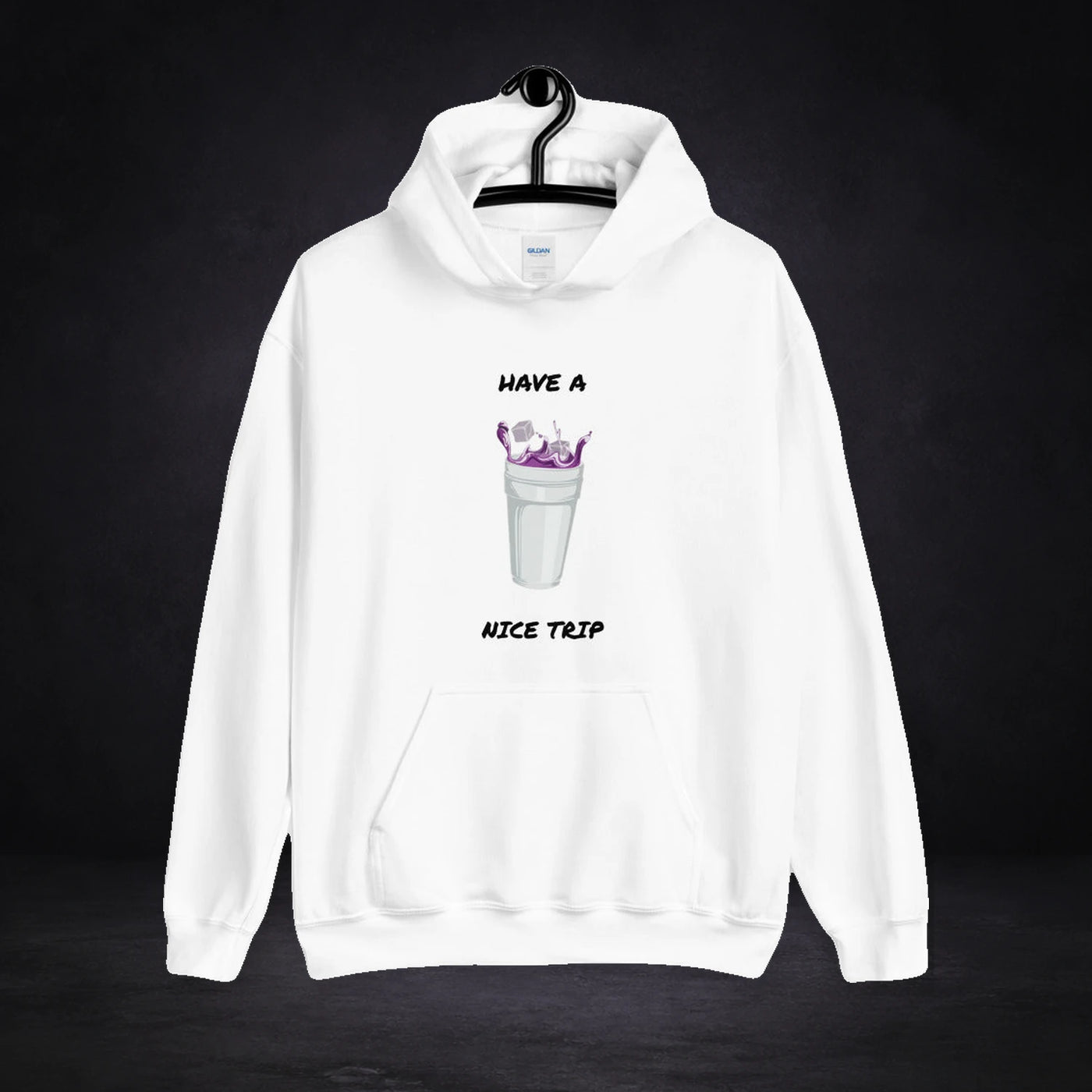 Have A Nice Trip Hoodie von NiZED, Vorderansicht mit Designprint vor dunklem Betonhintergrund