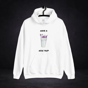 Have A Nice Trip Hoodie von NiZED, Vorderansicht mit Designprint vor dunklem Betonhintergrund