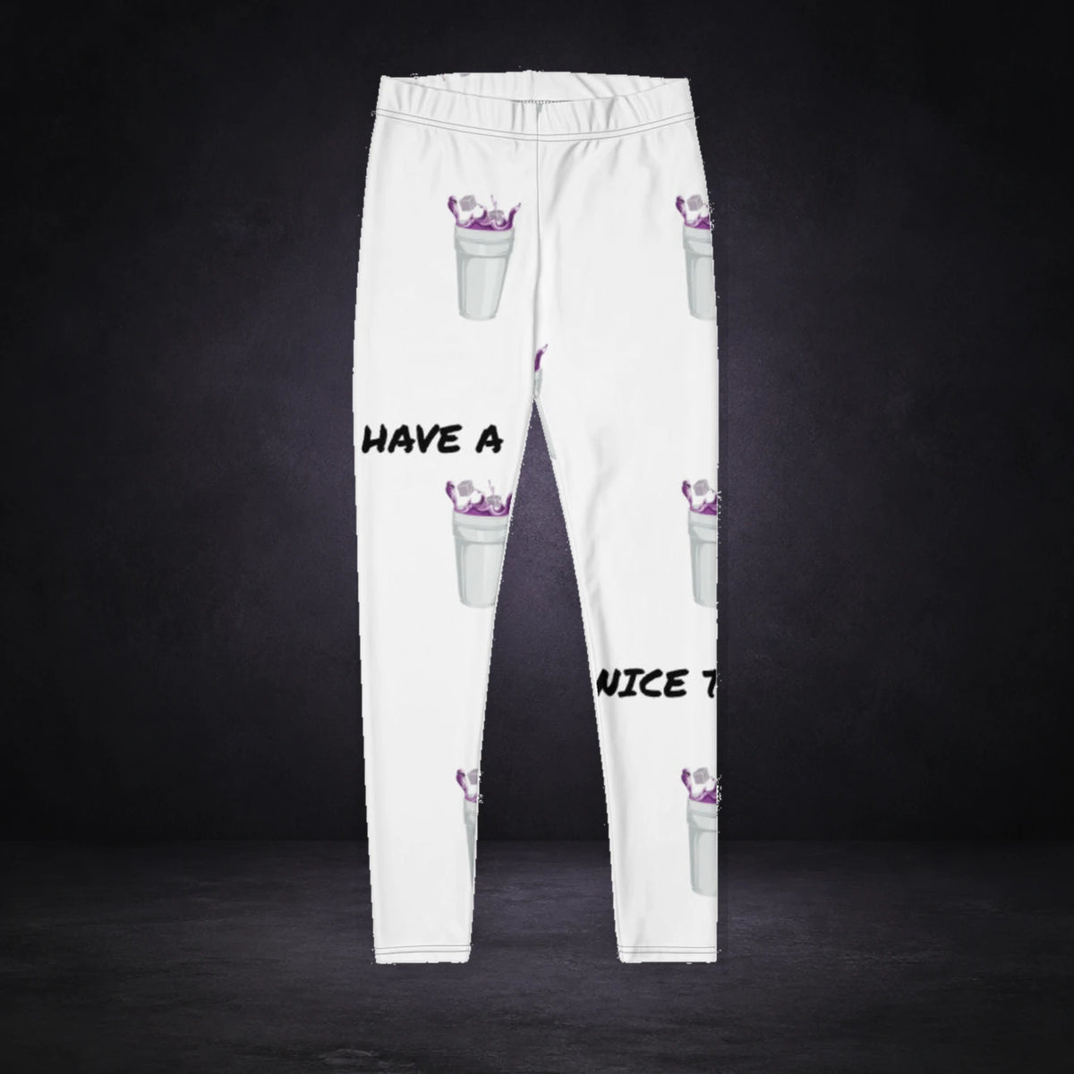 Have A Nice Trip Leggings von NiZED, Produktansicht mit Designprint vor dunklem Betonhintergrund