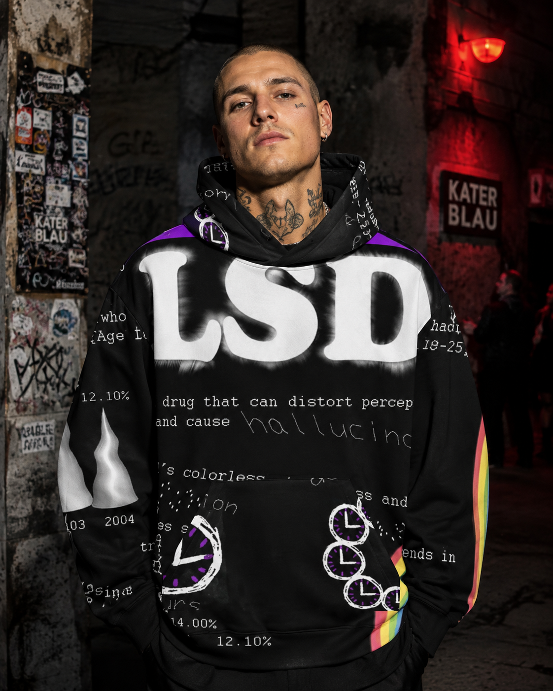 LSD Graphic Hoodie am maennlichen Model als NiZED Fit Check – KI-generierte Darstellung