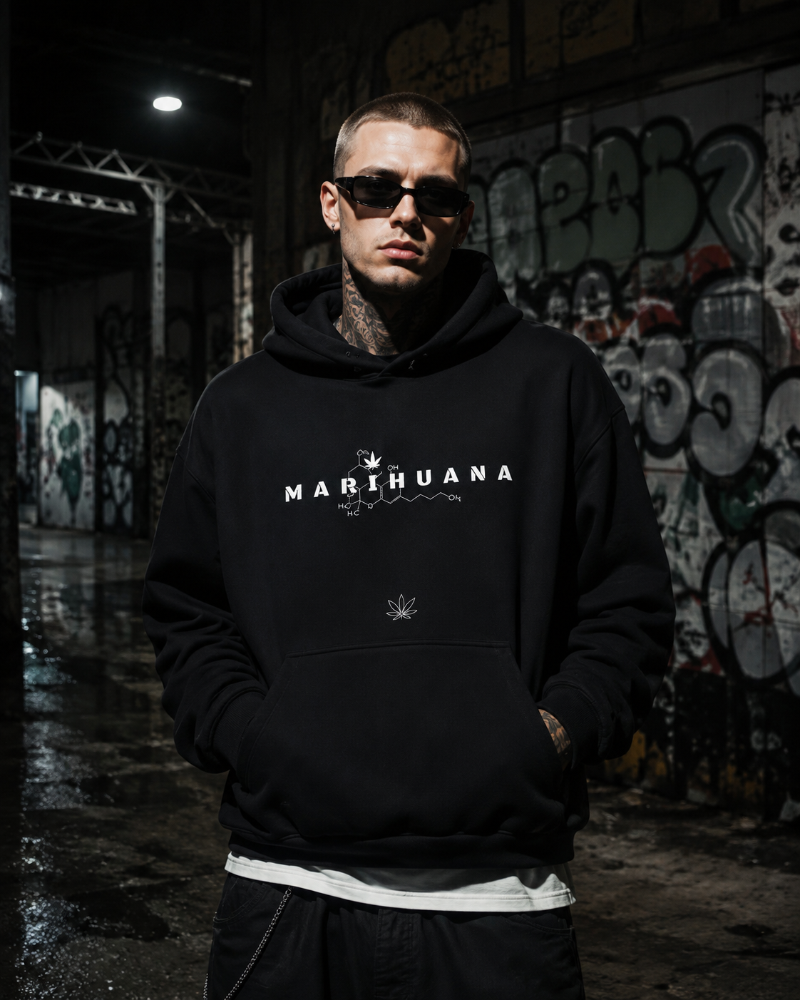 Marihuana Graphic Hoodie am maennlichen Model als NiZED Fit Check – KI-generierte Darstellung