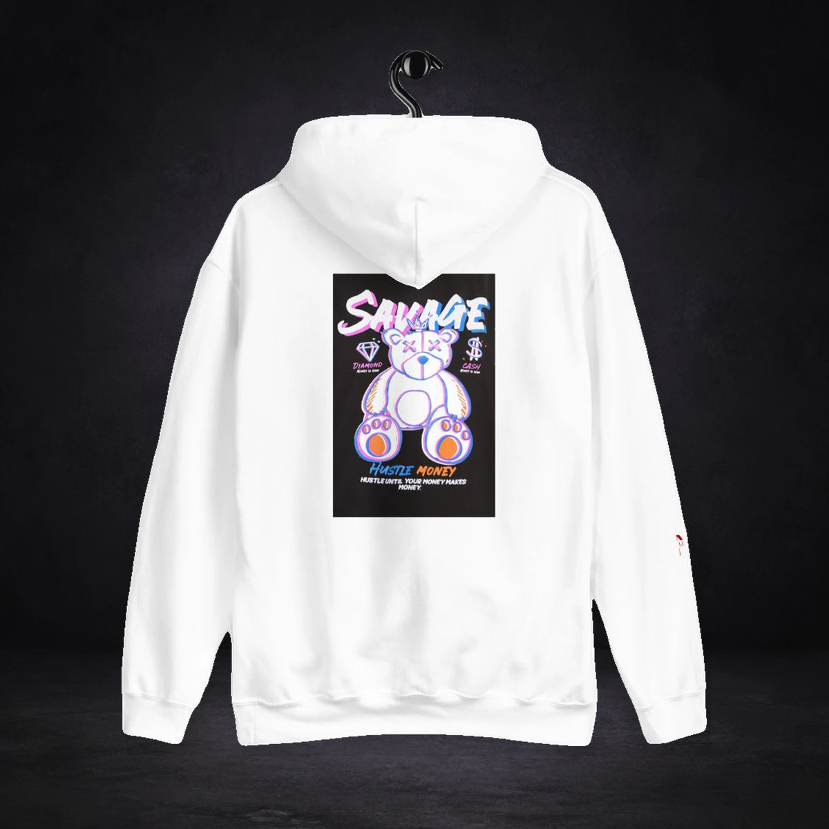 Hustle Money Graphic Hoodie von NiZED, Rückansicht mit Designprint vor dunklem Betonhintergrund
