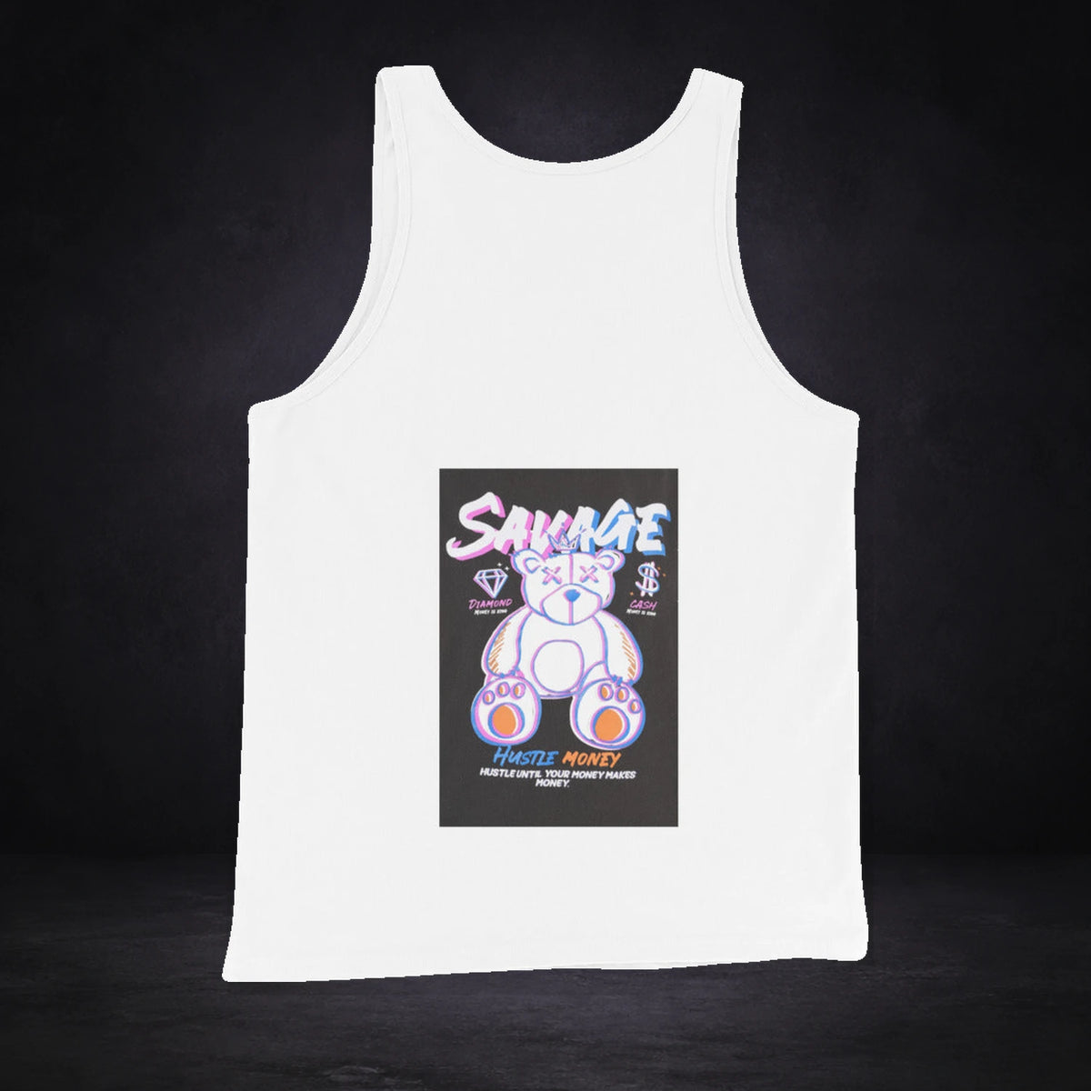 Hustle Money Tank Top von NiZED, Rückansicht mit Designprint vor dunklem Betonhintergrund