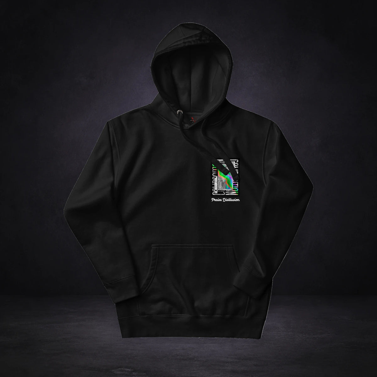 Graphic Hoodie Design 2 von NiZED, Vorderansicht mit Designprint vor dunklem Betonhintergrund