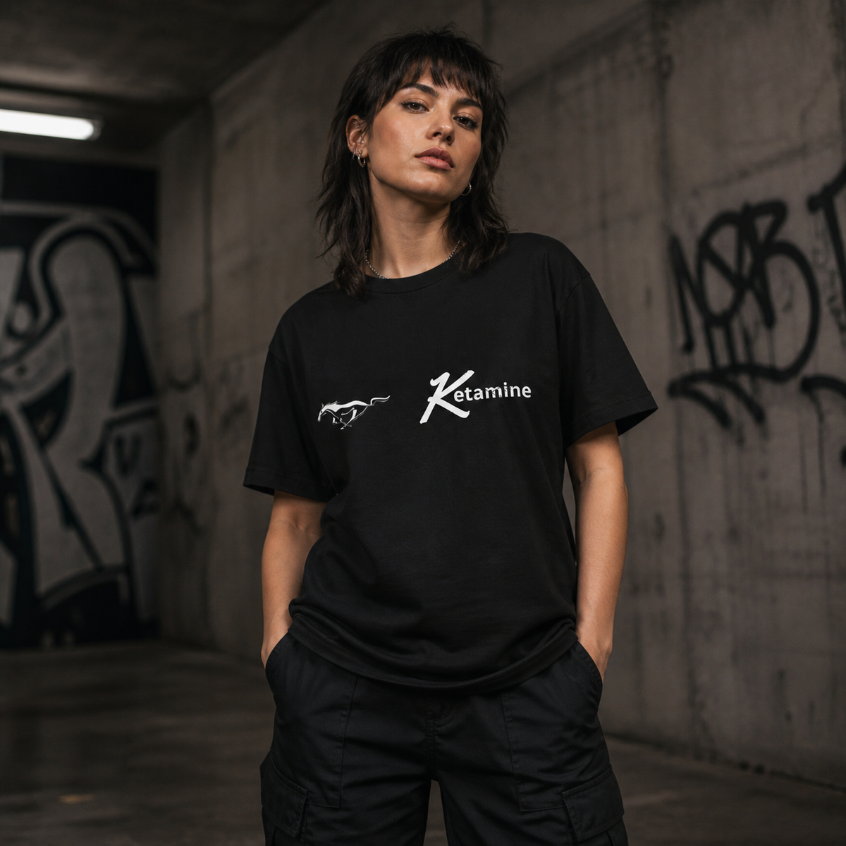 Ketamine Graphic T-Shirt Damen Model Frontansicht - KI-generierte Darstellung