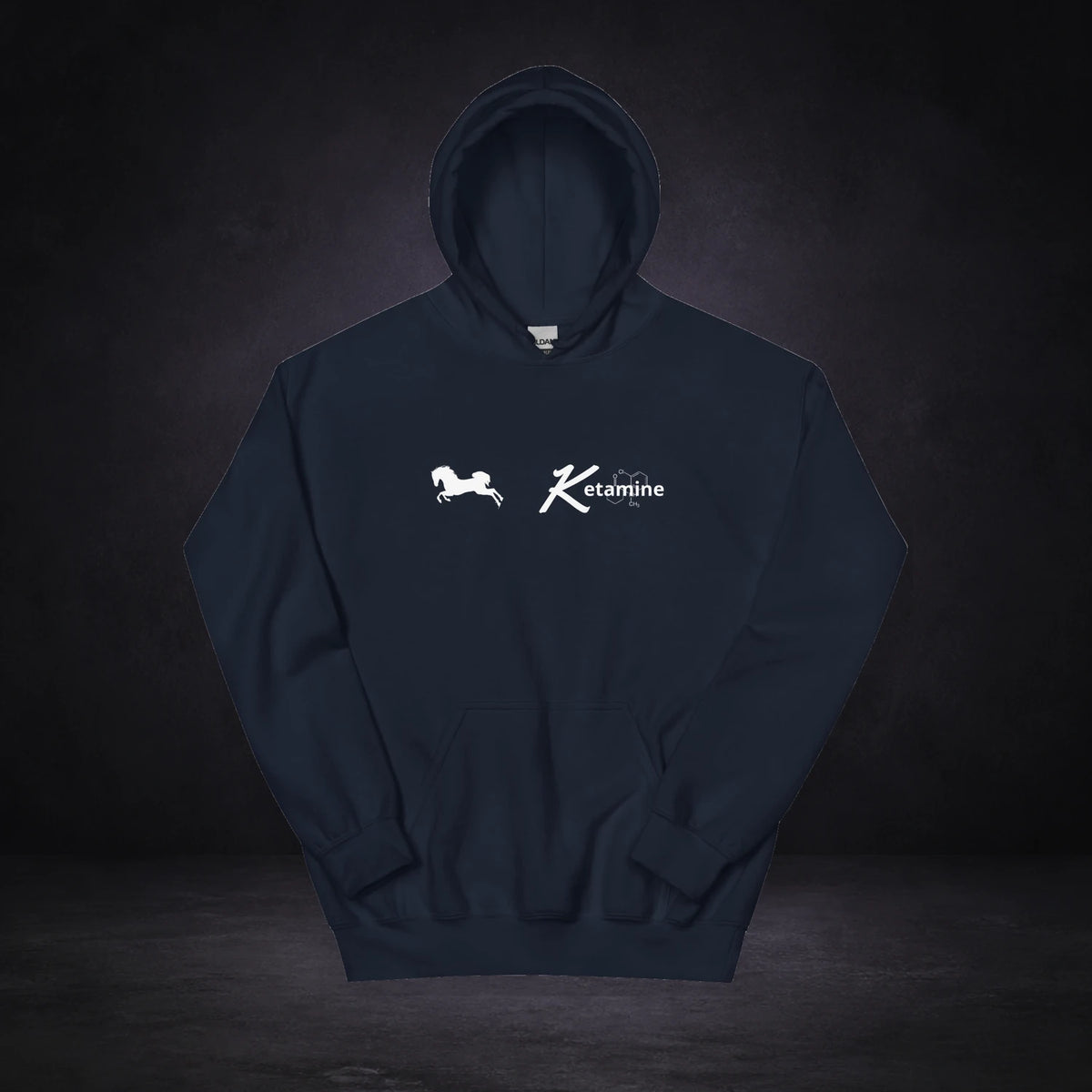 Ketamine Graphic Hoodie von NiZED, Vorderansicht mit Designprint vor dunklem Betonhintergrund