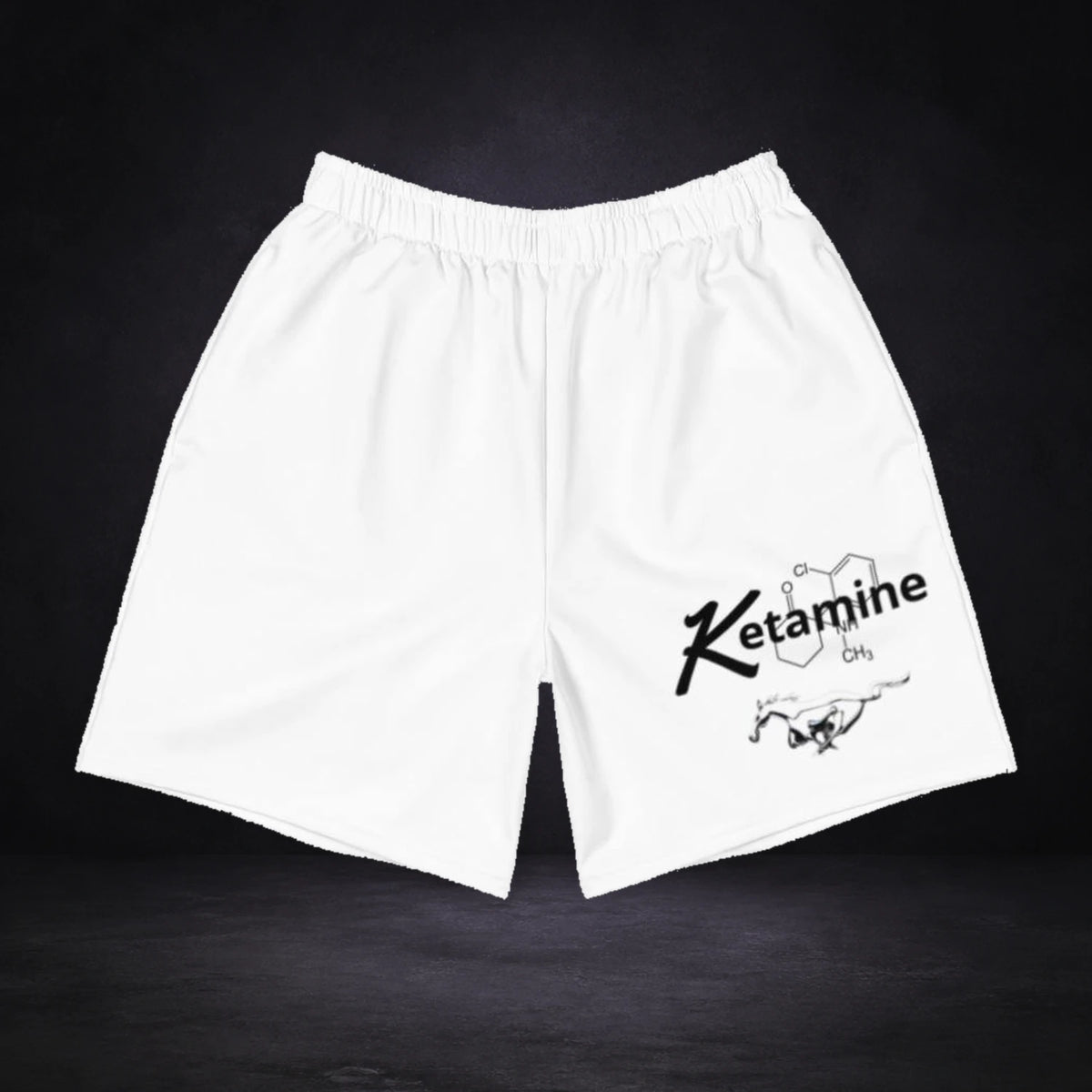 Ketamine Print Shorts von NiZED, Produktansicht mit Designprint vor dunklem Betonhintergrund