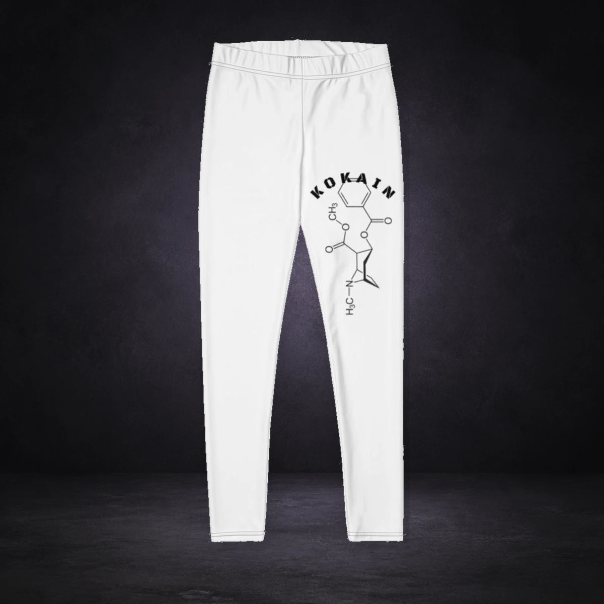 Kokain Print Leggings - Festival Leggings von NiZED, Produktansicht mit Designprint vor dunklem Betonhintergrund