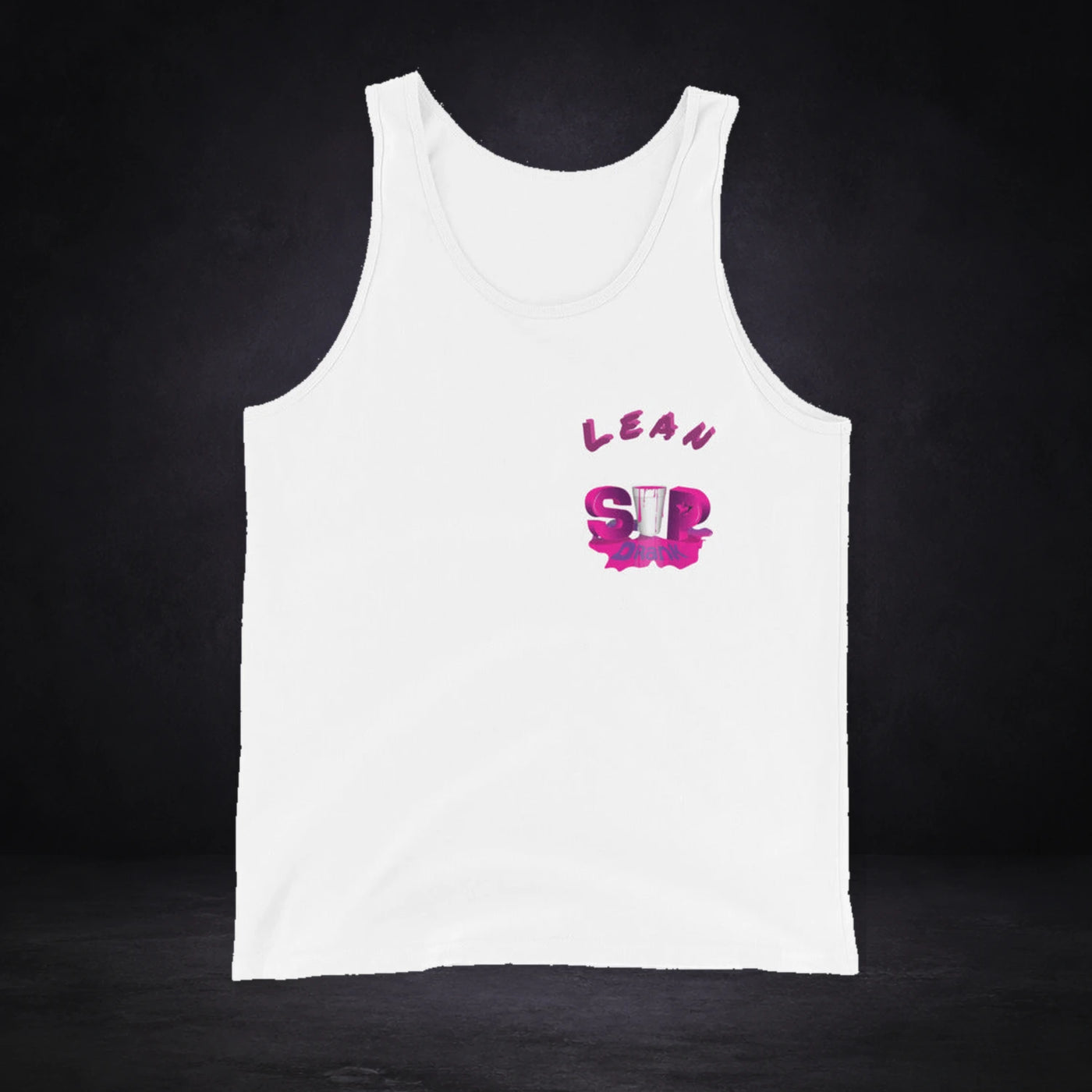 Lean Drank Tank Top von NiZED, Vorderansicht mit Designprint vor dunklem Betonhintergrund