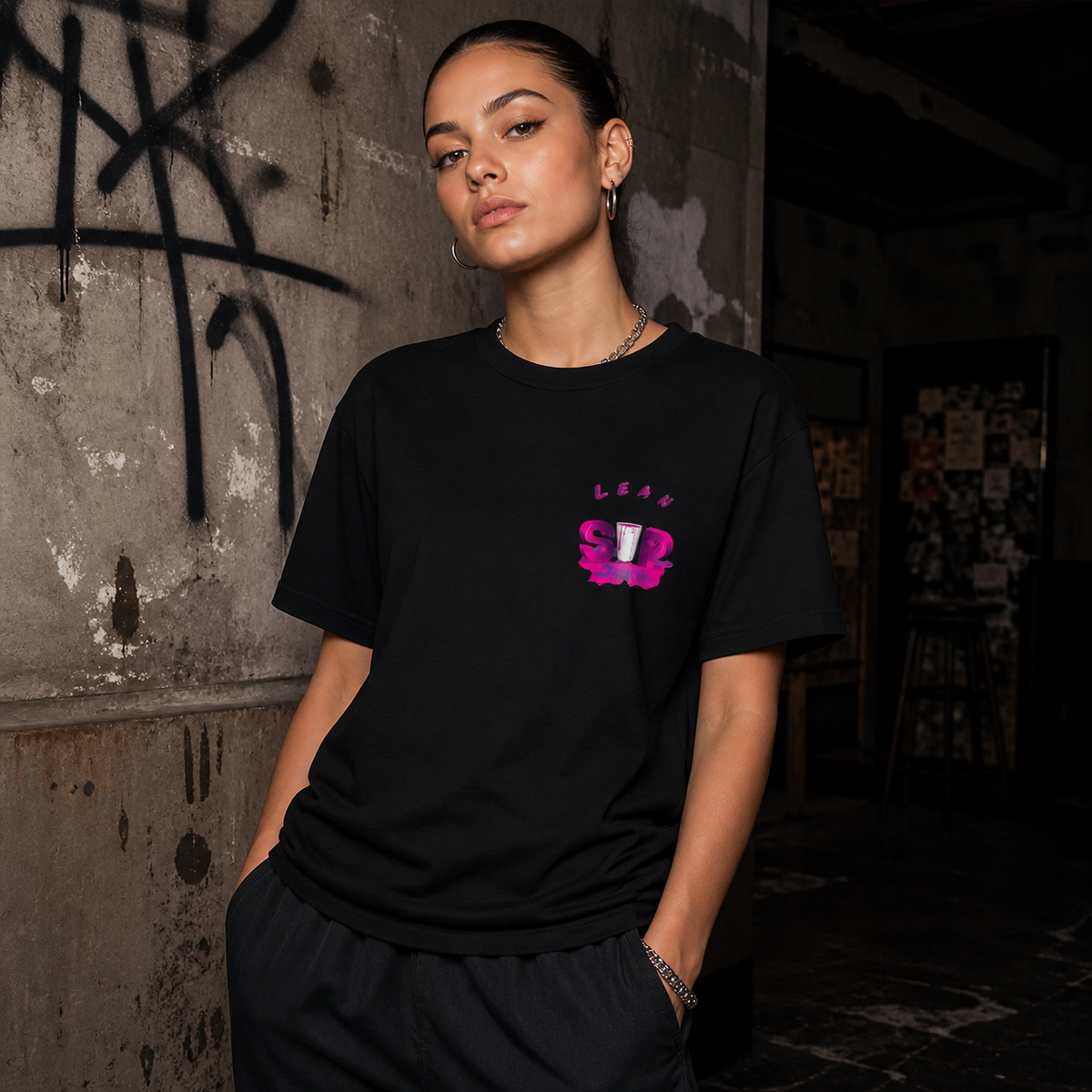 Lean Drank Graphic T-Shirt Design 2 Damen Model Frontansicht - KI-generierte Darstellung