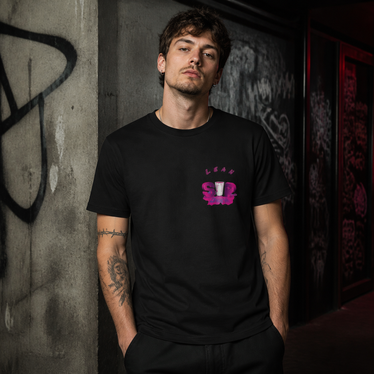 Lean Drank Graphic T-Shirt Design 2 Herren Model Frontansicht - KI-generierte Darstellung