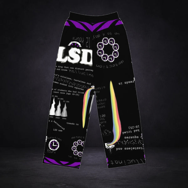 LSD Print Jogginghose von NiZED, Produktansicht mit Designprint vor dunklem Betonhintergrund