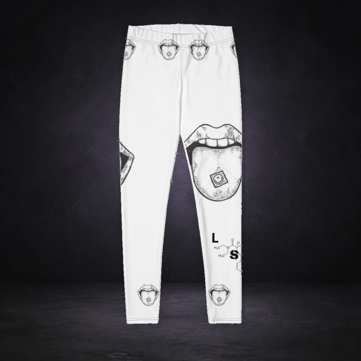 LSD Print Leggings - Festival Leggings von NiZED, Produktansicht mit Designprint vor dunklem Betonhintergrund