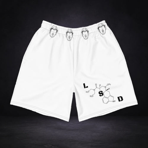 Acid Again Shorts - Festival Shorts von NiZED, Produktansicht mit Designprint vor dunklem Betonhintergrund